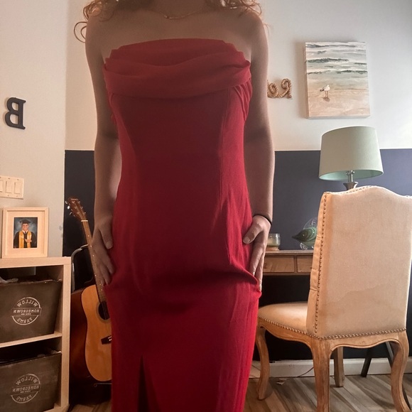 90s VINTAGE SUSAN ROSELLI FOR VIJACK RED TUBE TOP SLIT DRESS FORMAL PARTY - Picture 3 of 9